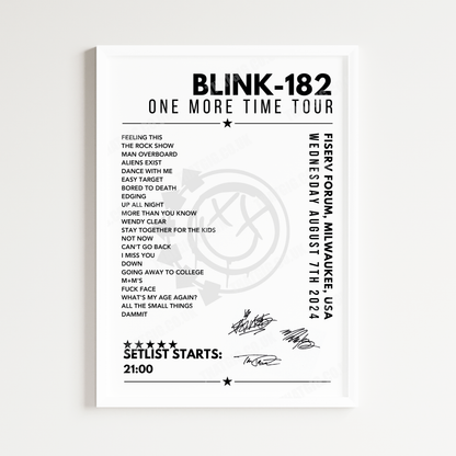 Blink-182 Setlist Poster - Fiserv Forum, Milwaukee - August 7th 2024