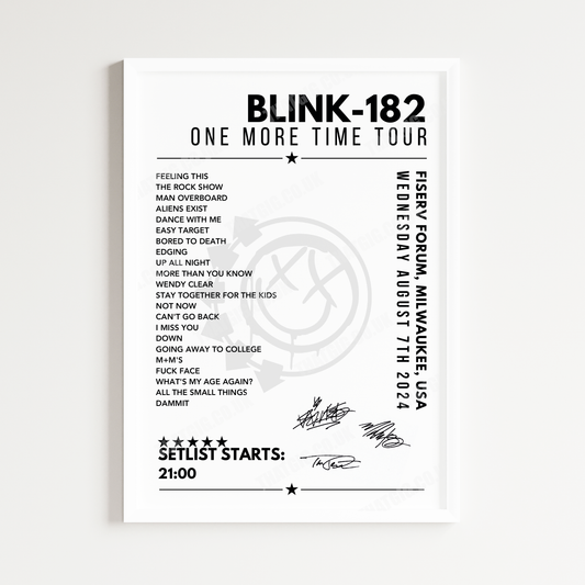 Blink-182 Setlist Poster - Fiserv Forum, Milwaukee - August 7th 2024