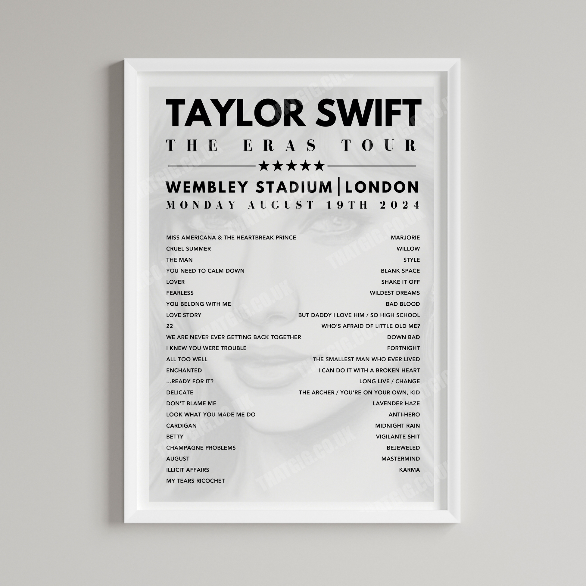 Taylor Swift Setlist Poster Sketch - Wembley, London, on August 19th, 2024