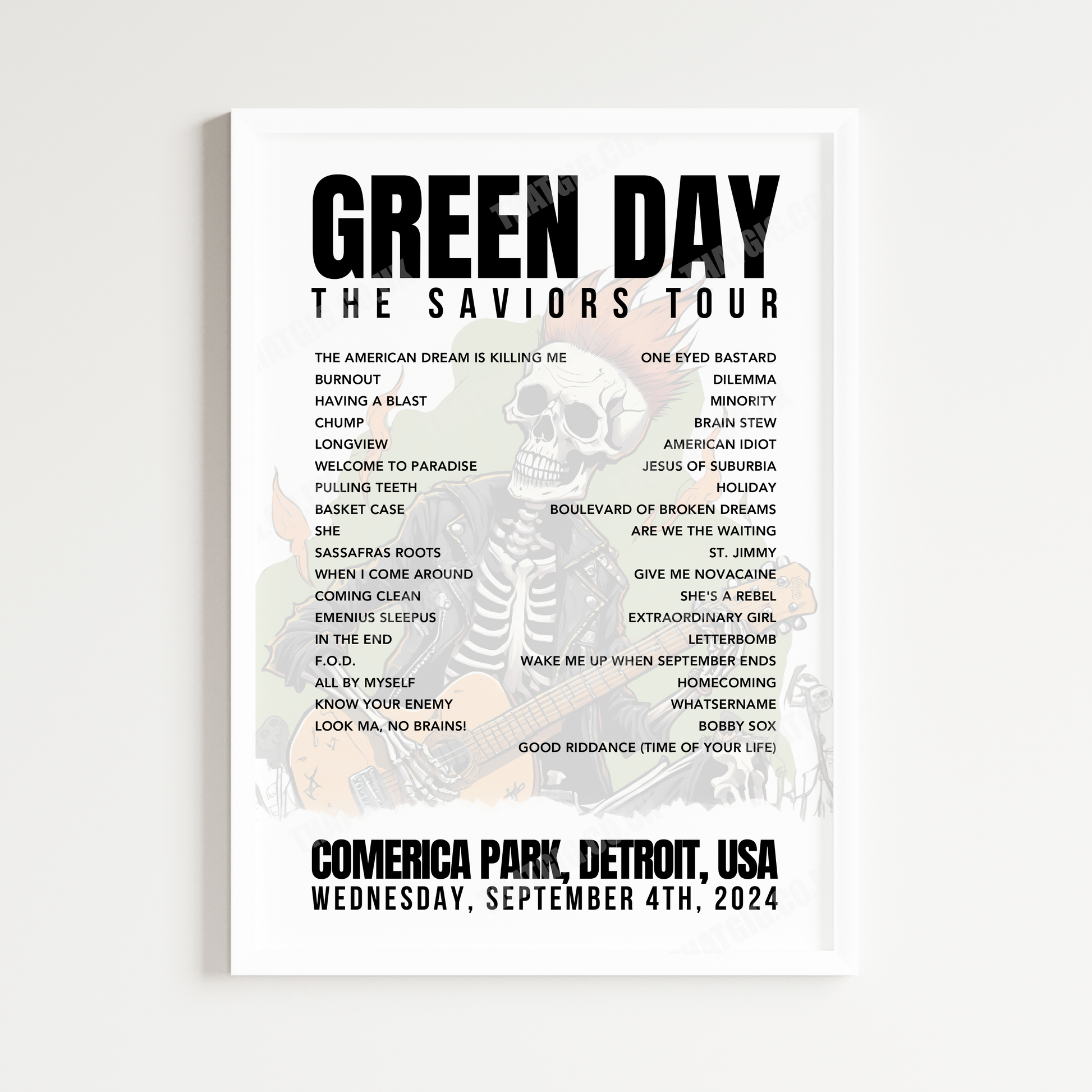 Green Day Setlist Poster - Comerica Park, Detroit - September 4th, 2024