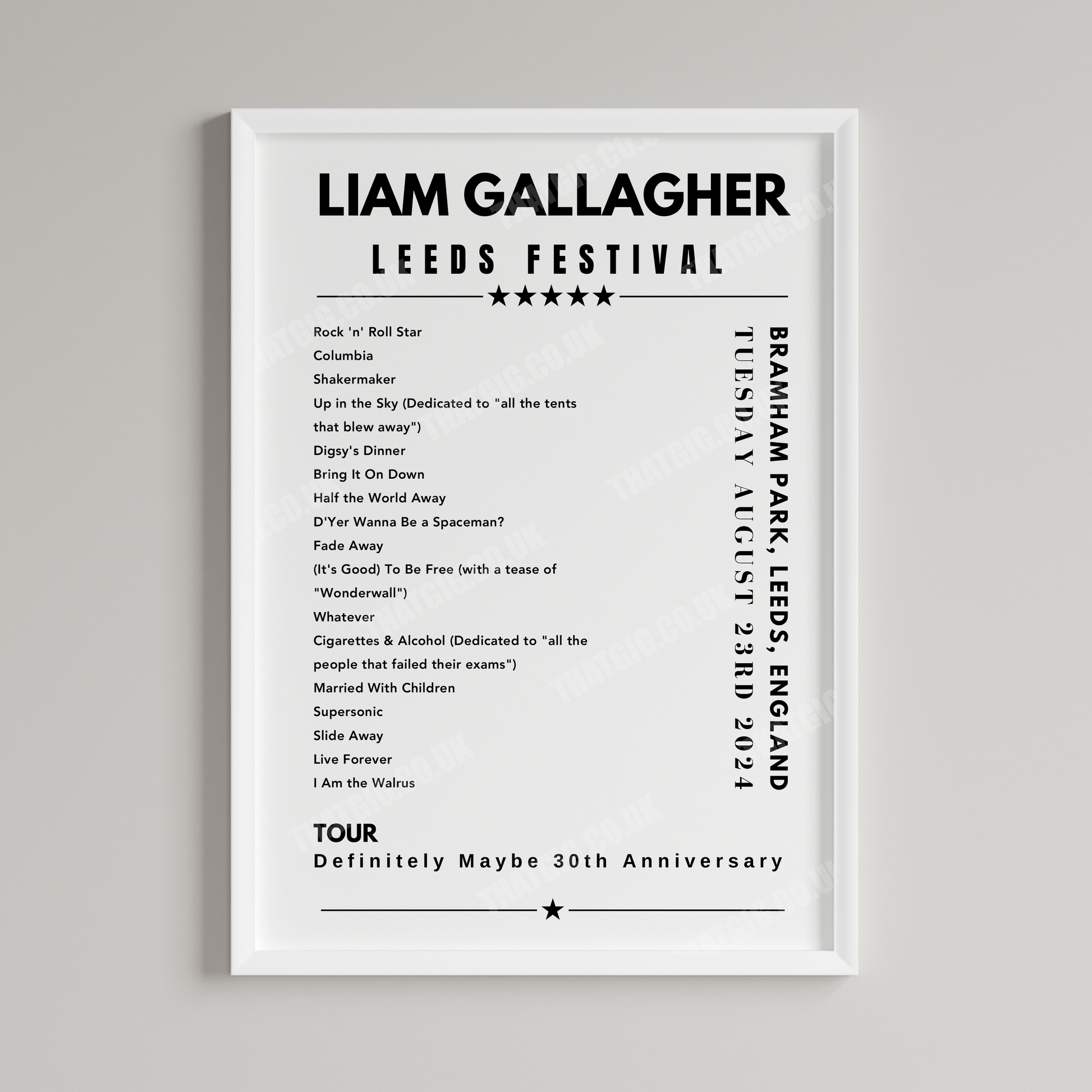 Liam Gallagher Setlist Poster - Leeds Festival on August 23rd, 2024