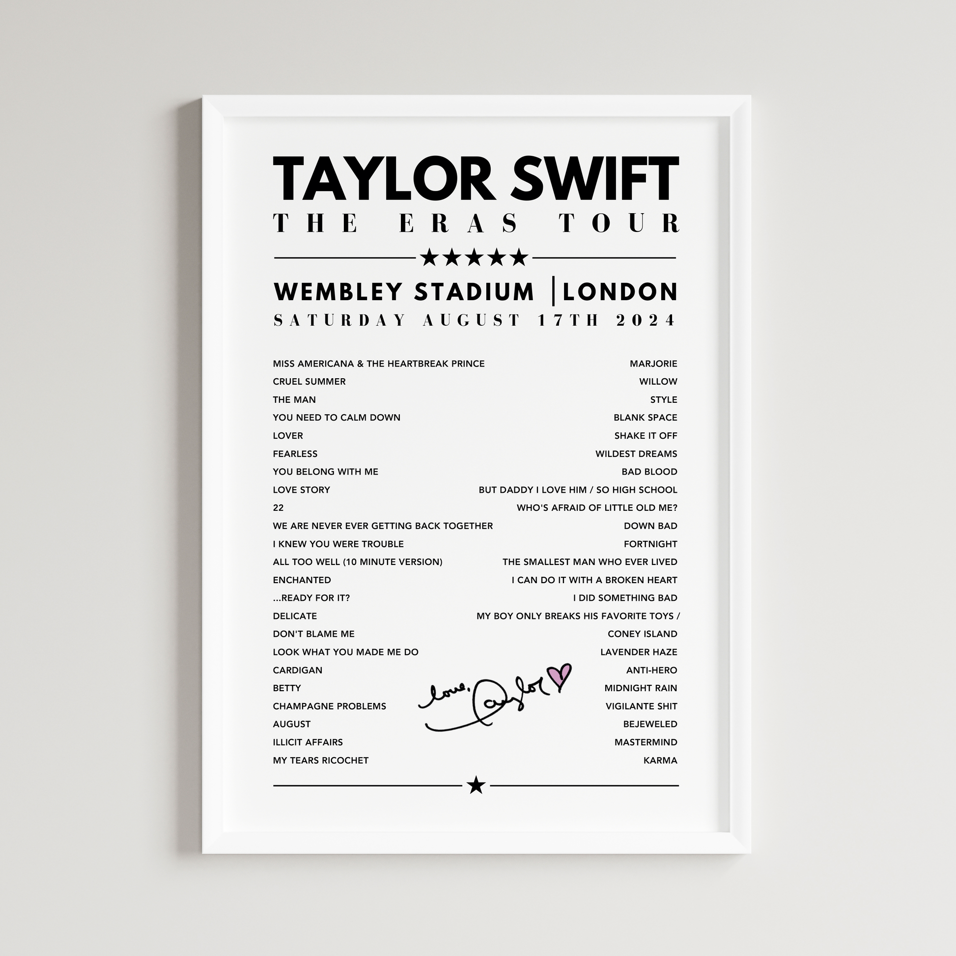 Taylor Swift Setlist Poster - Wembley, London, August 17th 2024