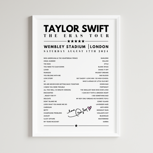 Taylor Swift Setlist Poster - Wembley, London - August 17th 2024