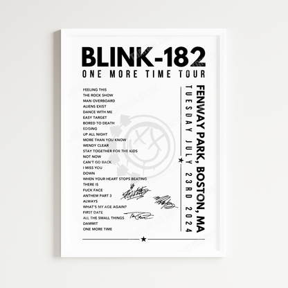 Blink-182 Setlist Poster - Fenway Park, Boston, MA - July 23, 2024