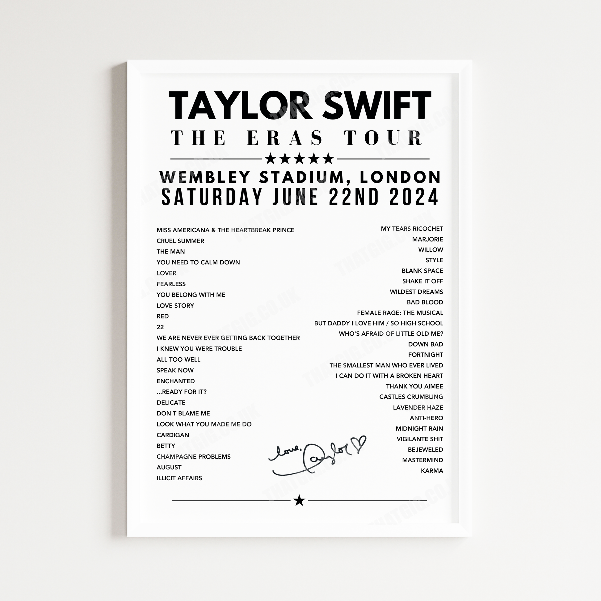 Taylor Swift Setlist Poster - Wembley Stadium, London, June 22nd 2024