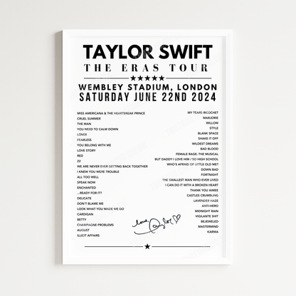 Taylor Swift Setlist Poster - Wembley Stadium, London, June 22nd 2024