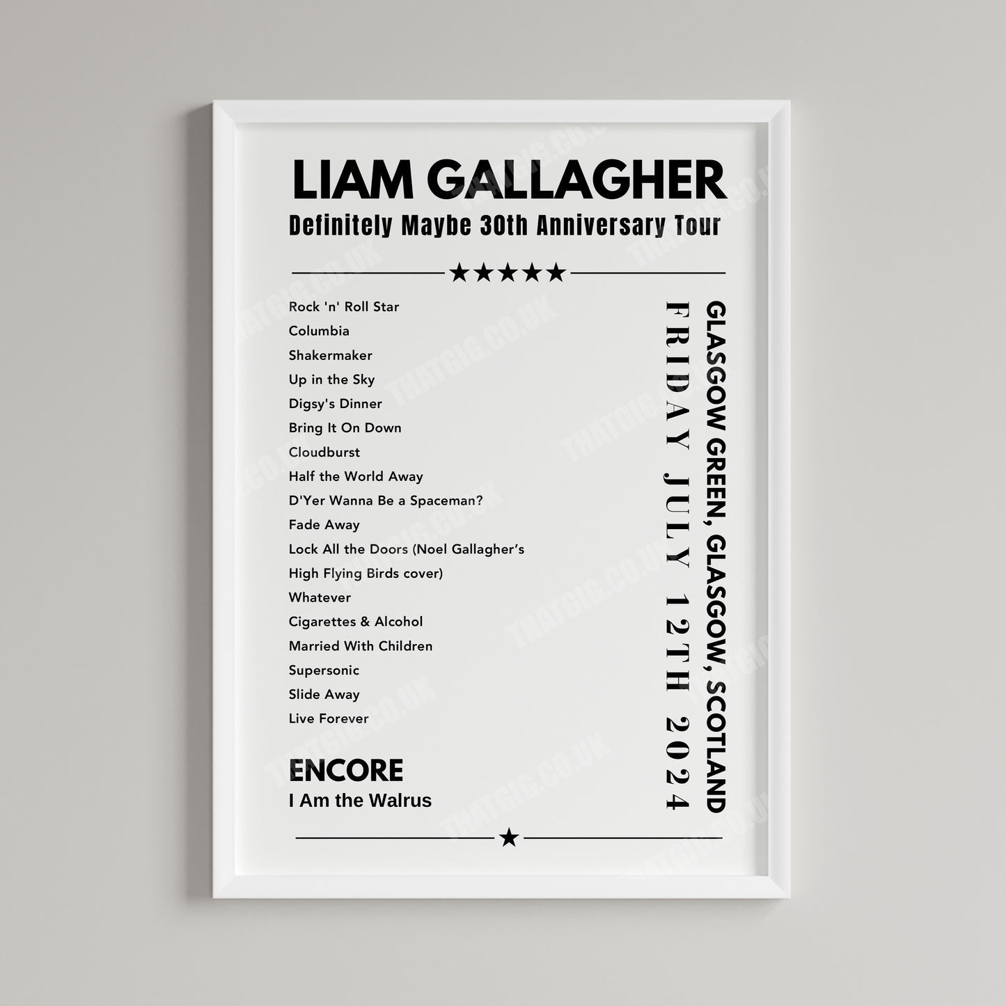 Liam Gallagher Setlist Poster - Glasgow Green, Scotland on July 12th 2024