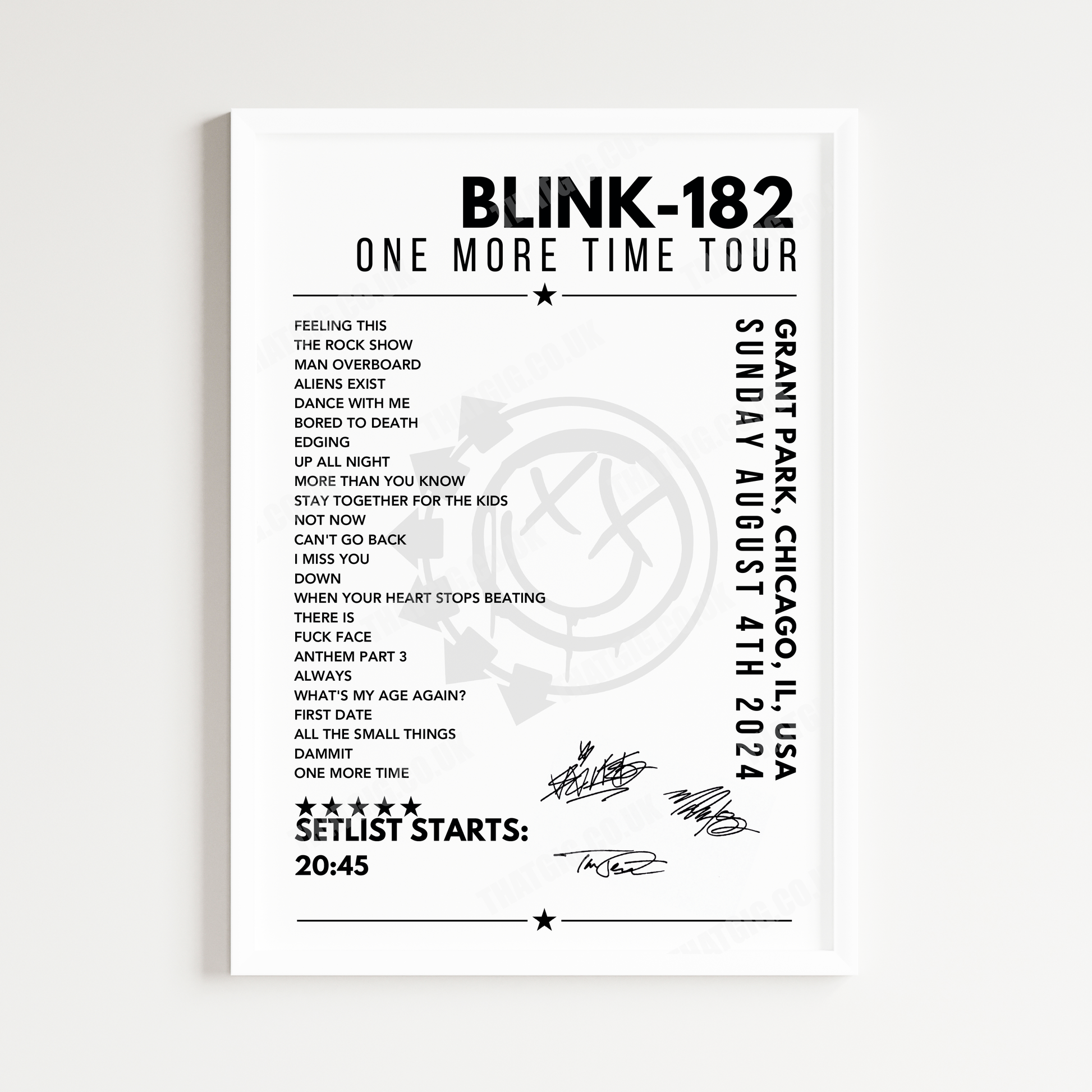 Blink-182 Setlist Poster - Grant Park, Chicago - August 4th 2024