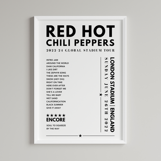 Red Hot Chili Peppers Setlist Poster - at London Stadium, Queen Elizabeth Olympic Park on June 26th, 2022