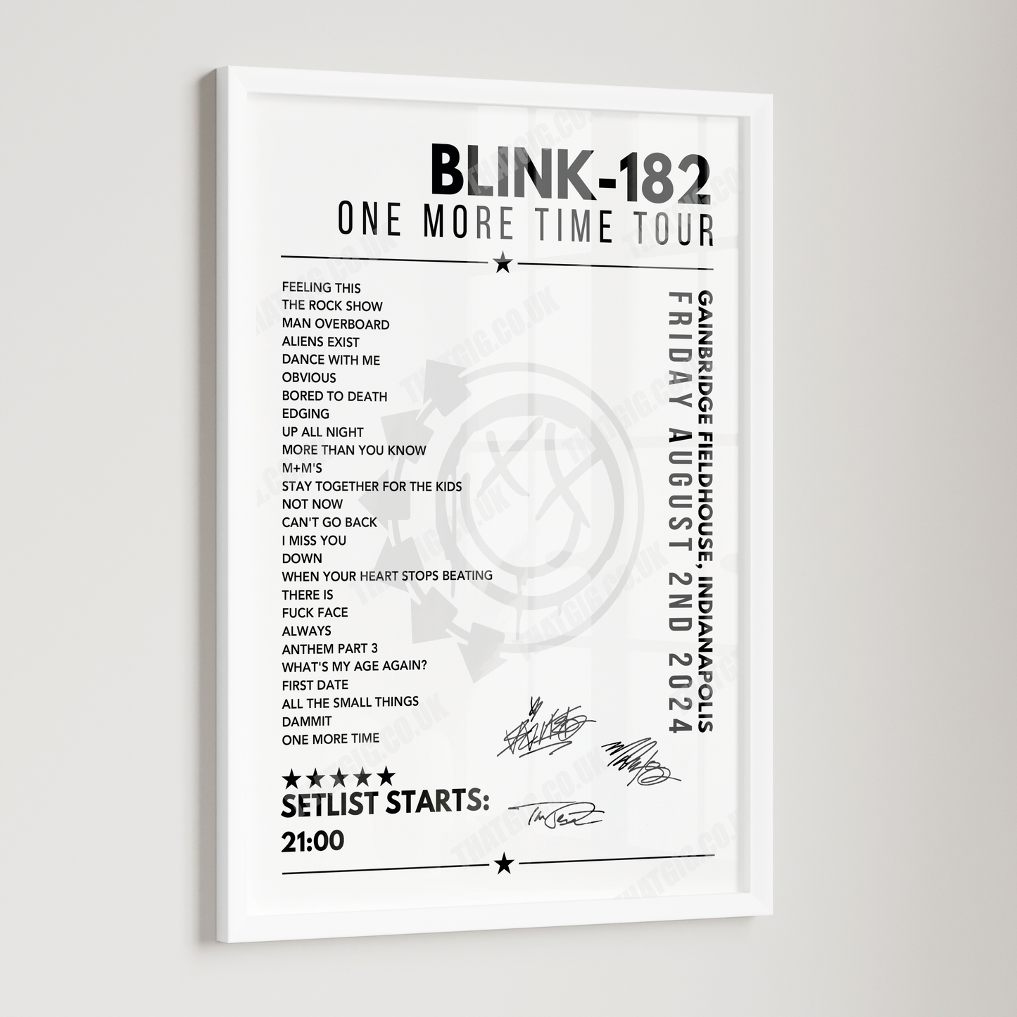 Blink-182 Setlist Poster - Gainbridge Fieldhouse, Indianapolis - August 2nd 2024