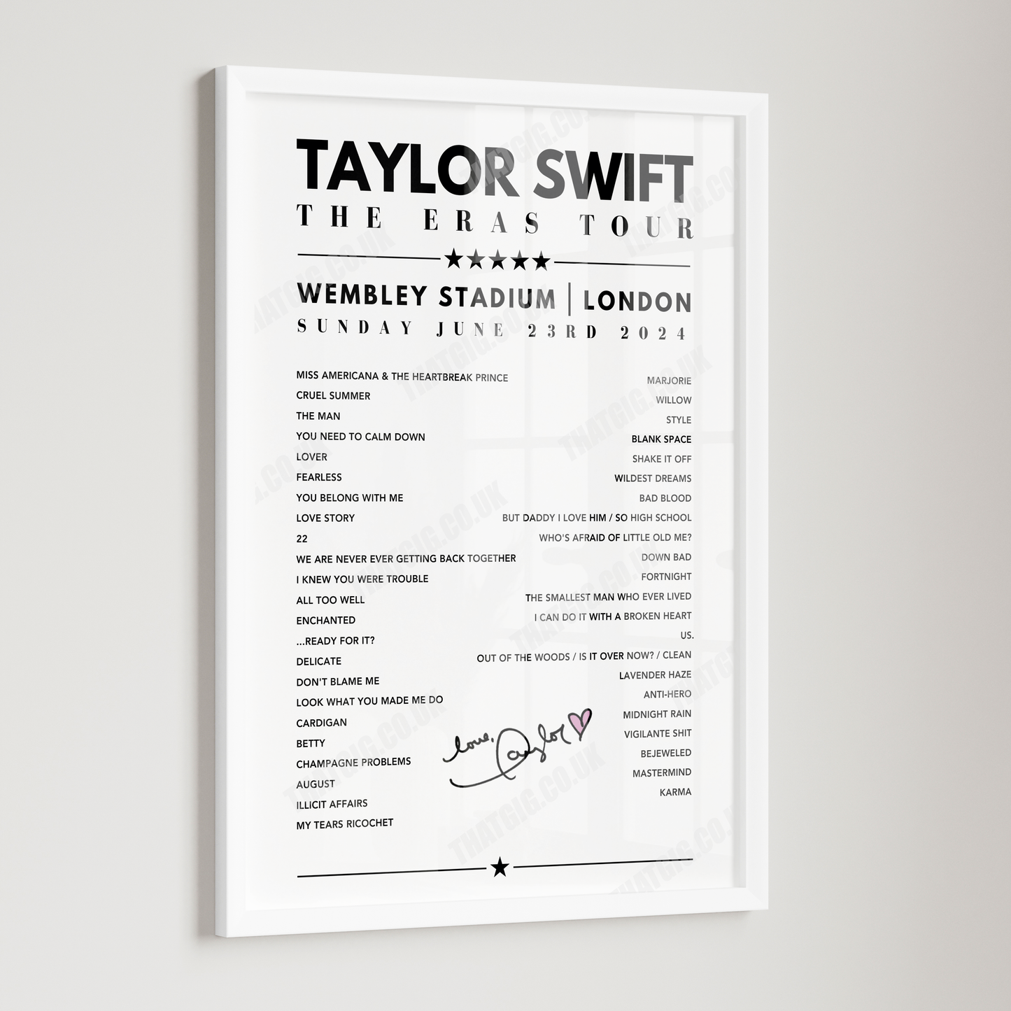 Taylor Swift Setlist Poster - Wembley Stadium, London, June 23rd 2024