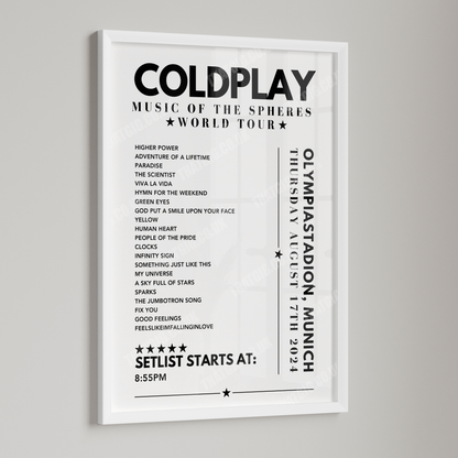 Coldplay Setlist Poster - Olympiastadion, Munich on August 17th 2024