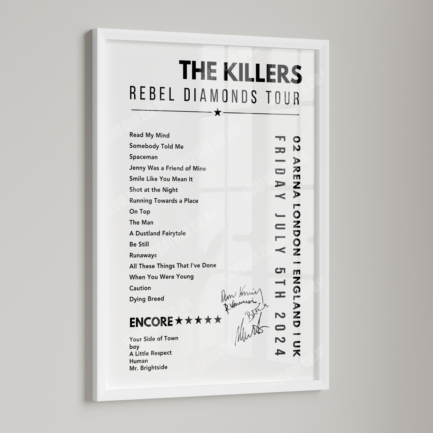 The Killers Setlist Poster - 02 Arena, London, England on July 5th, 2024