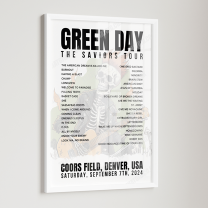 Green Day Setlist Poster - Coors Field, Denver - September 7th, 2024