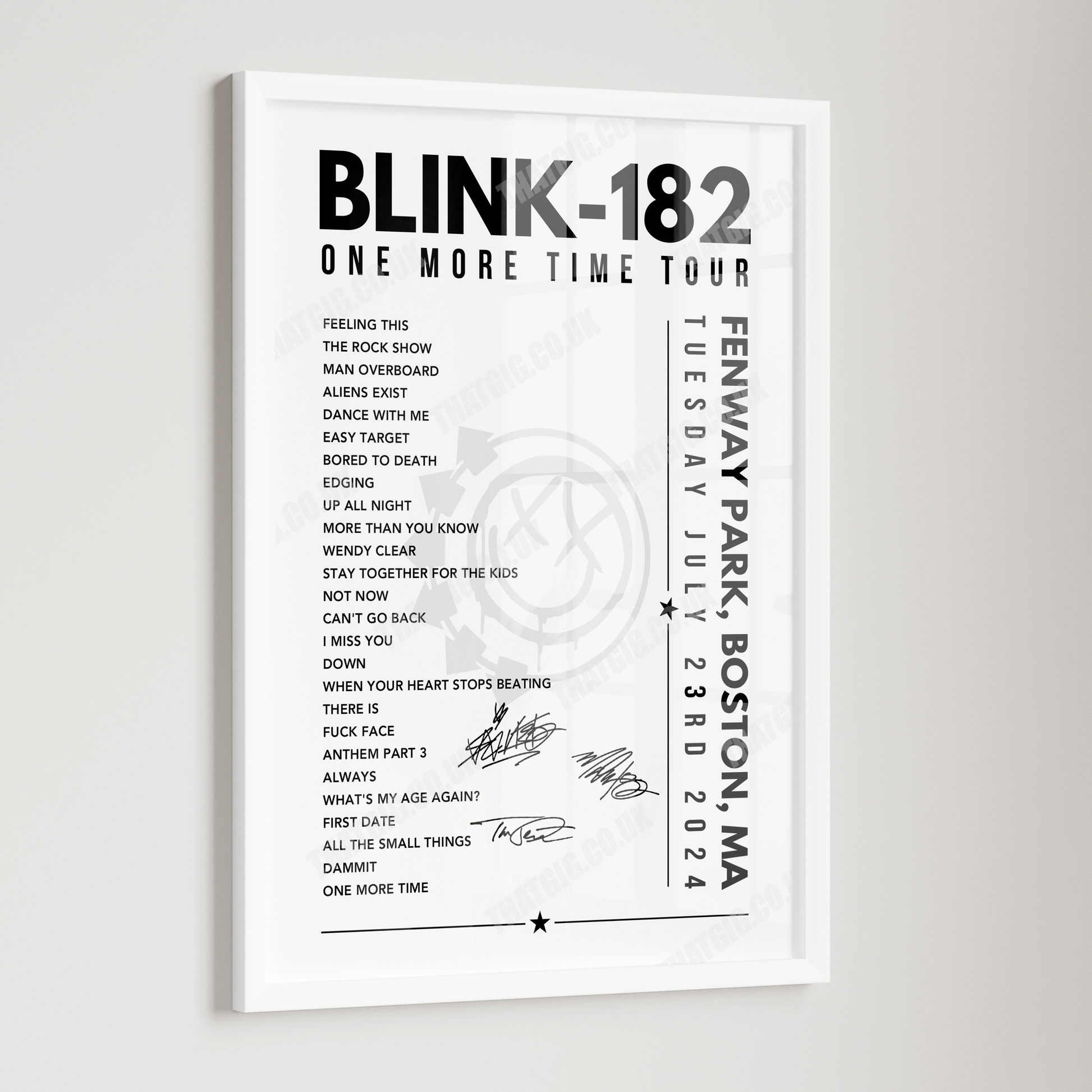 Blink-182 Setlist Poster - Fenway Park, Boston, MA - July 23, 2024