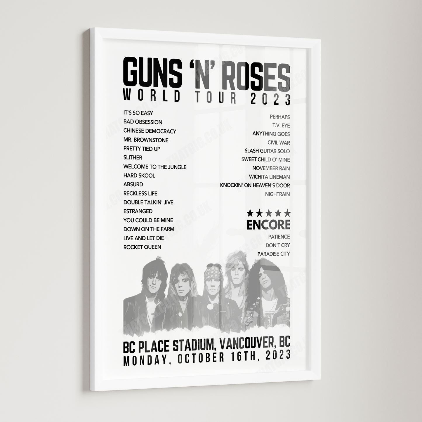 Guns N’ Roses Setlist Poster - BC Place Stadium, Vancouver - October 16th, 2023