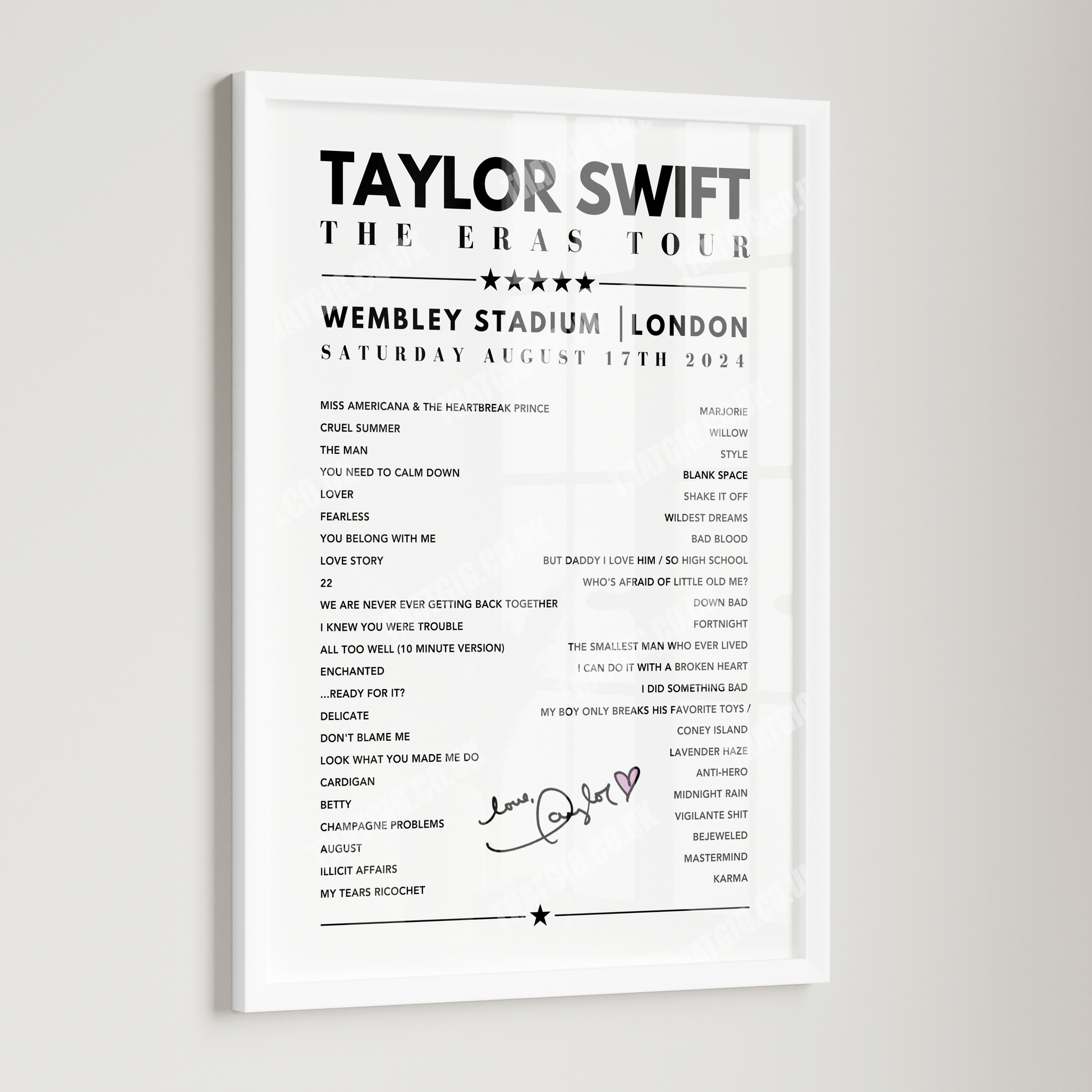 Taylor Swift Setlist Poster - Wembley, London, August 17th 2024