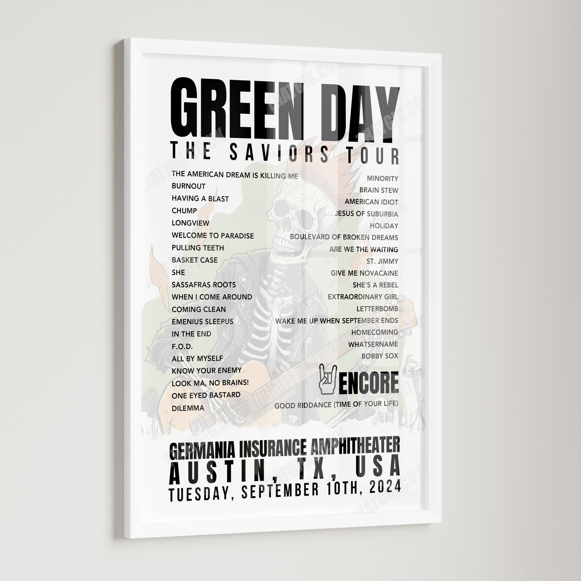 Green Day Setlist Poster - Germania Insurance Amphitheater, Austin - September 10th, 2024