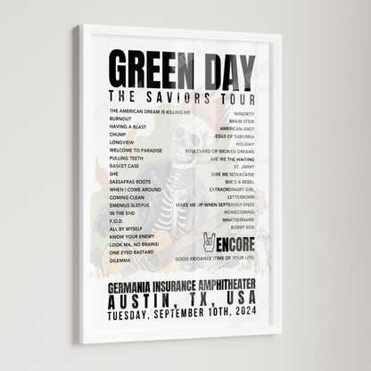 Green Day Setlist Poster - Germania Insurance Amphitheater, Austin - September 10th, 2024