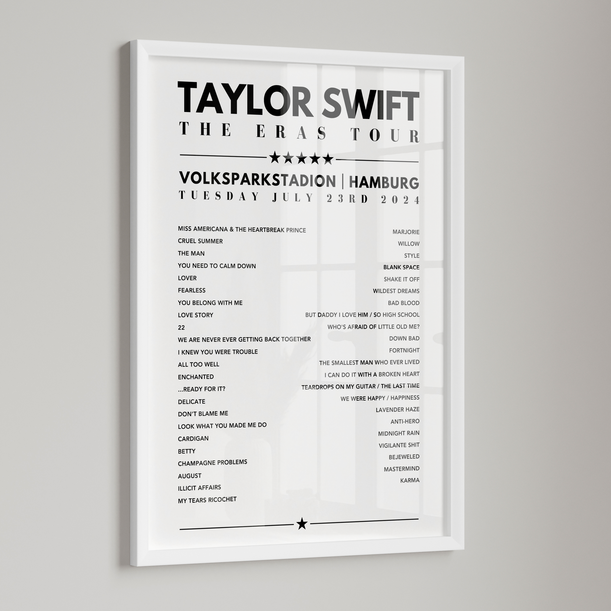 Taylor Swift Setlist Poster - Volksparkstadion, Hamburg, Germany on July 23rd 2024