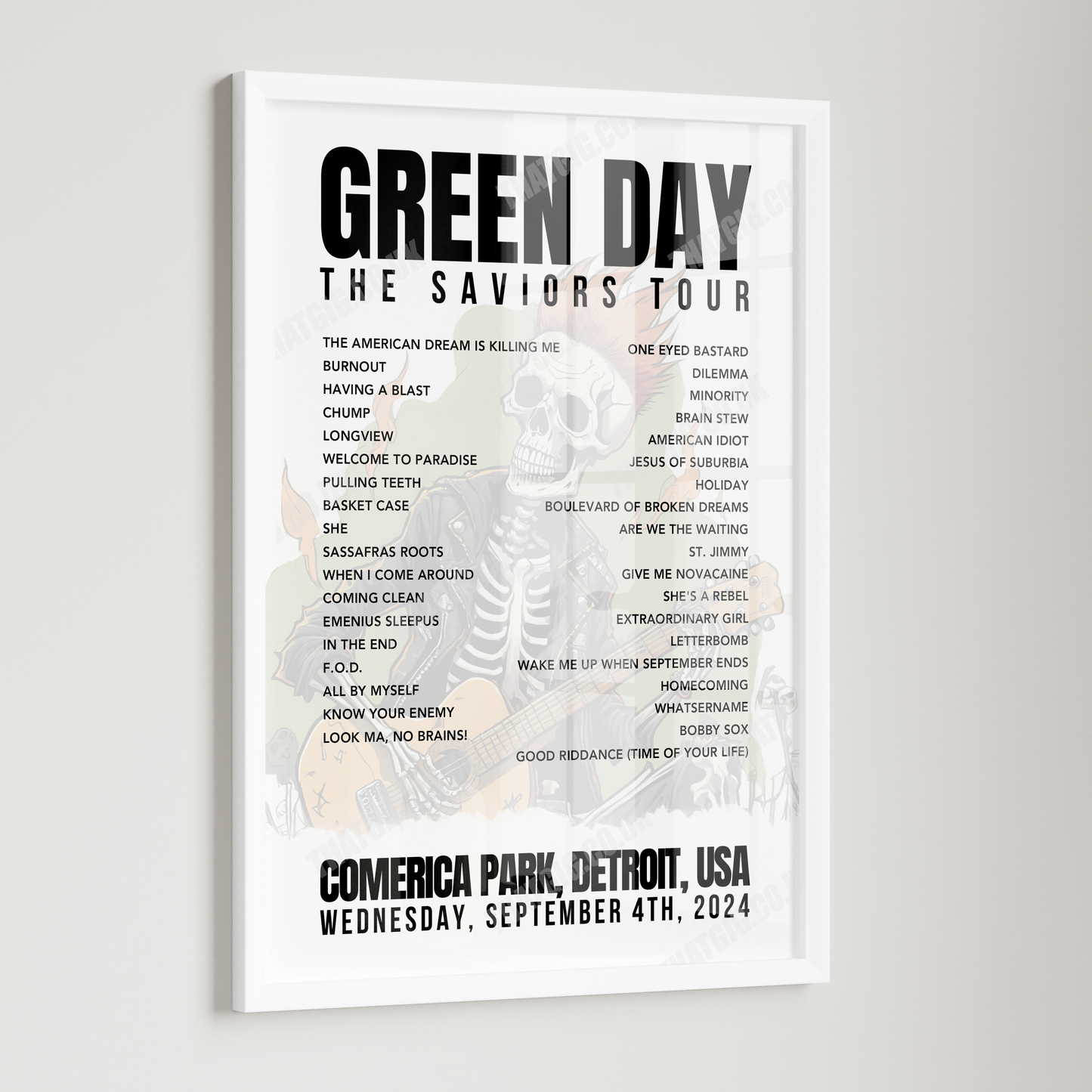 Green Day Setlist Poster - Comerica Park, Detroit - September 4th, 2024