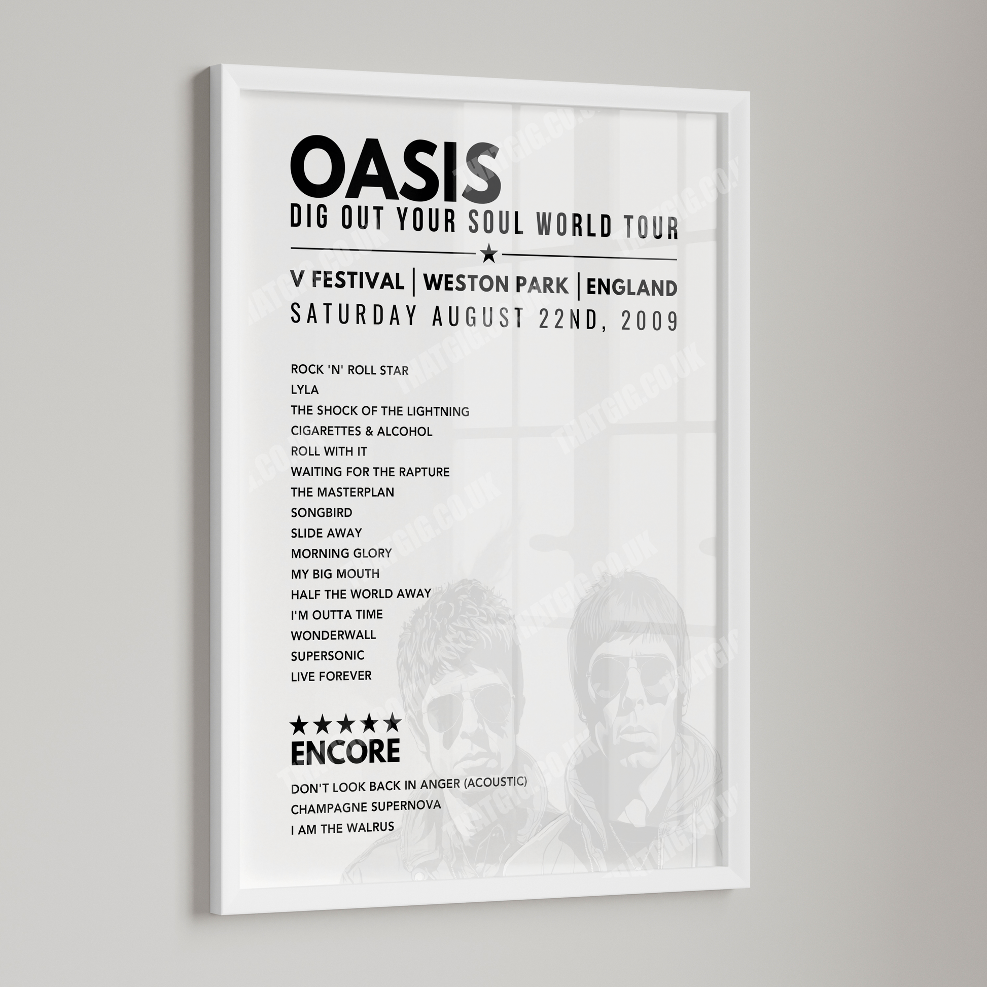 Oasis Setlist Poster - V Festival, Weston Park, England, 22nd August 2009