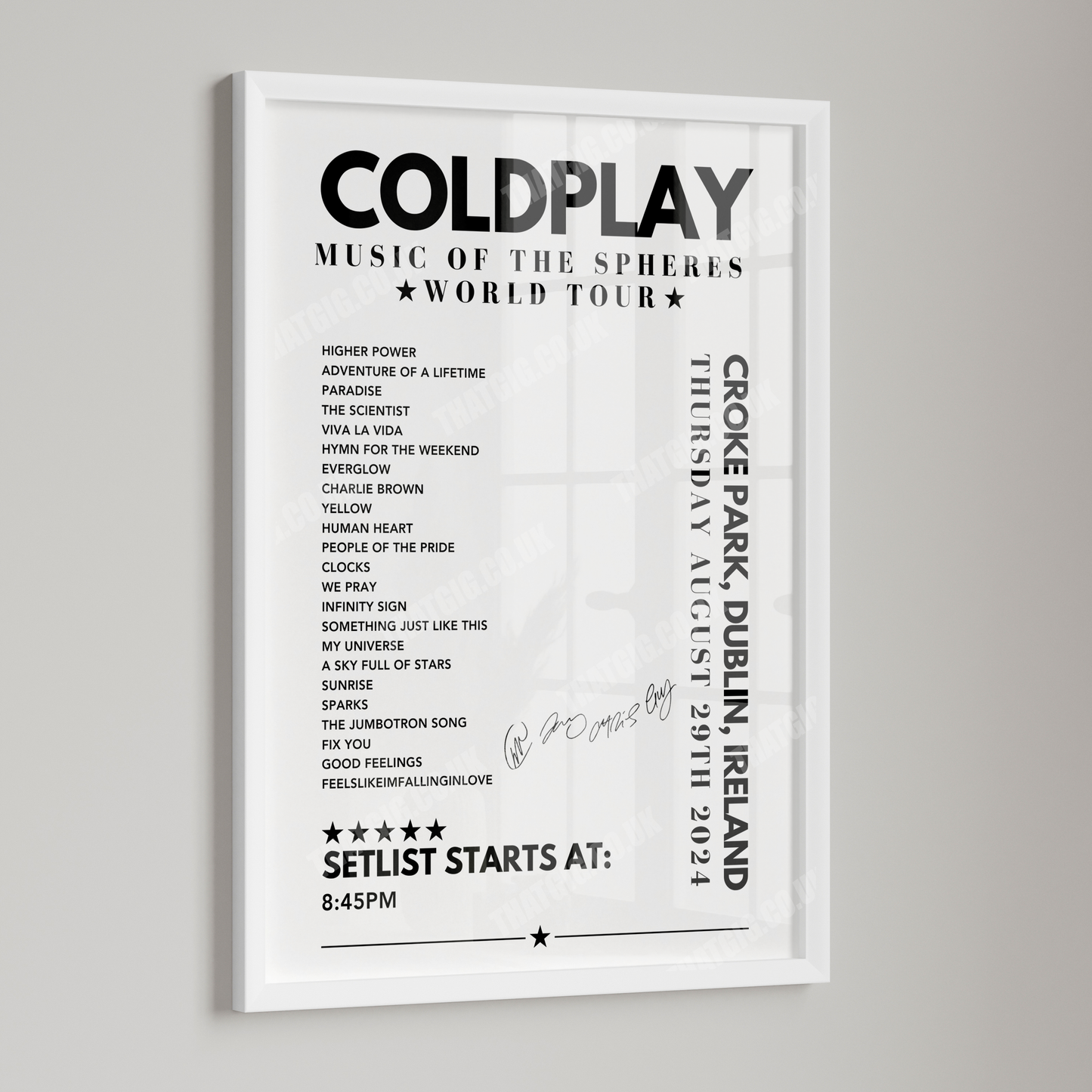 Coldplay Setlist Poster - Croke Park, Dublin on August 29th 2024