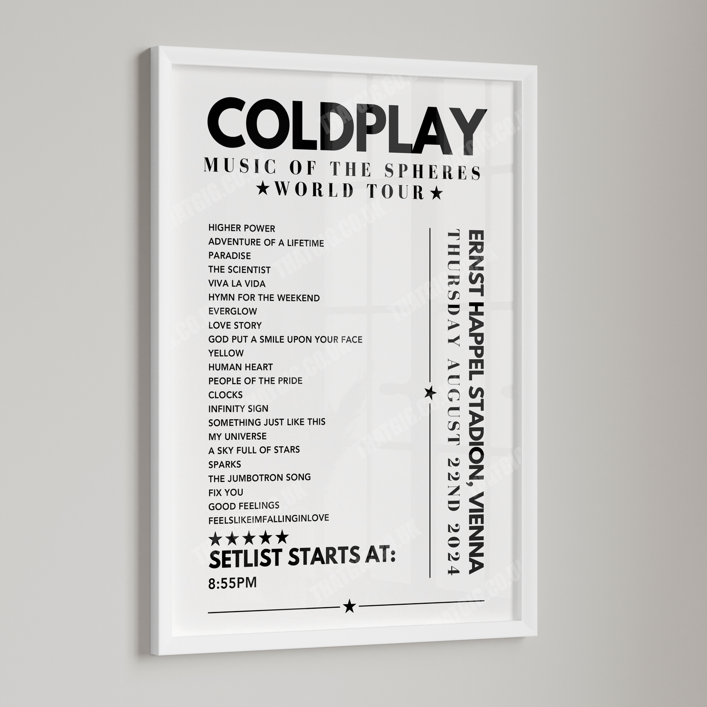 Coldplay Setlist Poster - Ernst Happel Stadion, Vienna on August 22nd 2024