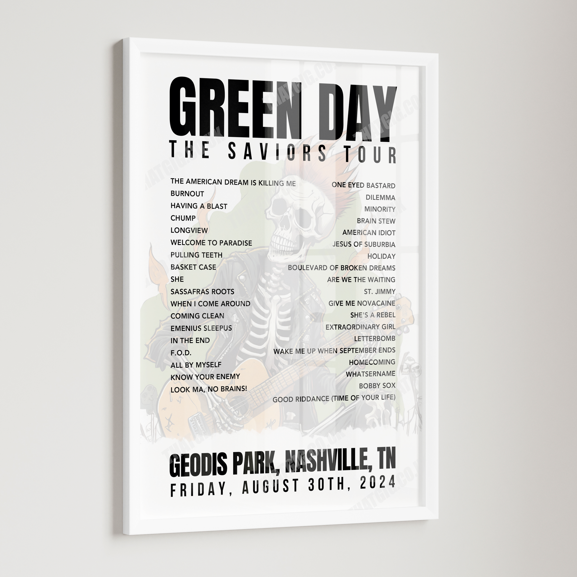 Green Day Setlist Poster - Geodis Park, Nashville, TN - August 30th, 2024