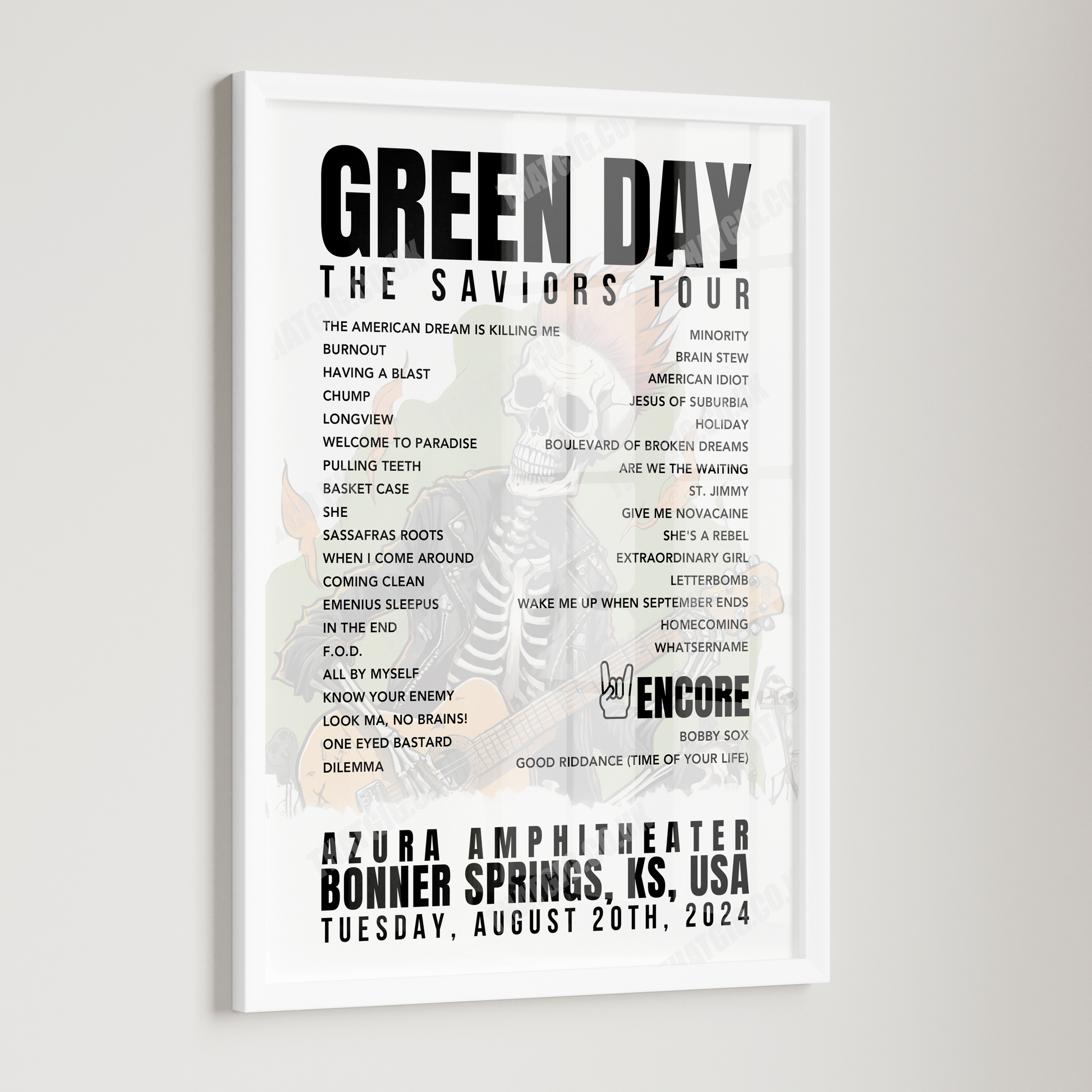 Green Day Setlist Poster - Azura Amphitheater, Bonner Springs, KS - August 20th, 2024