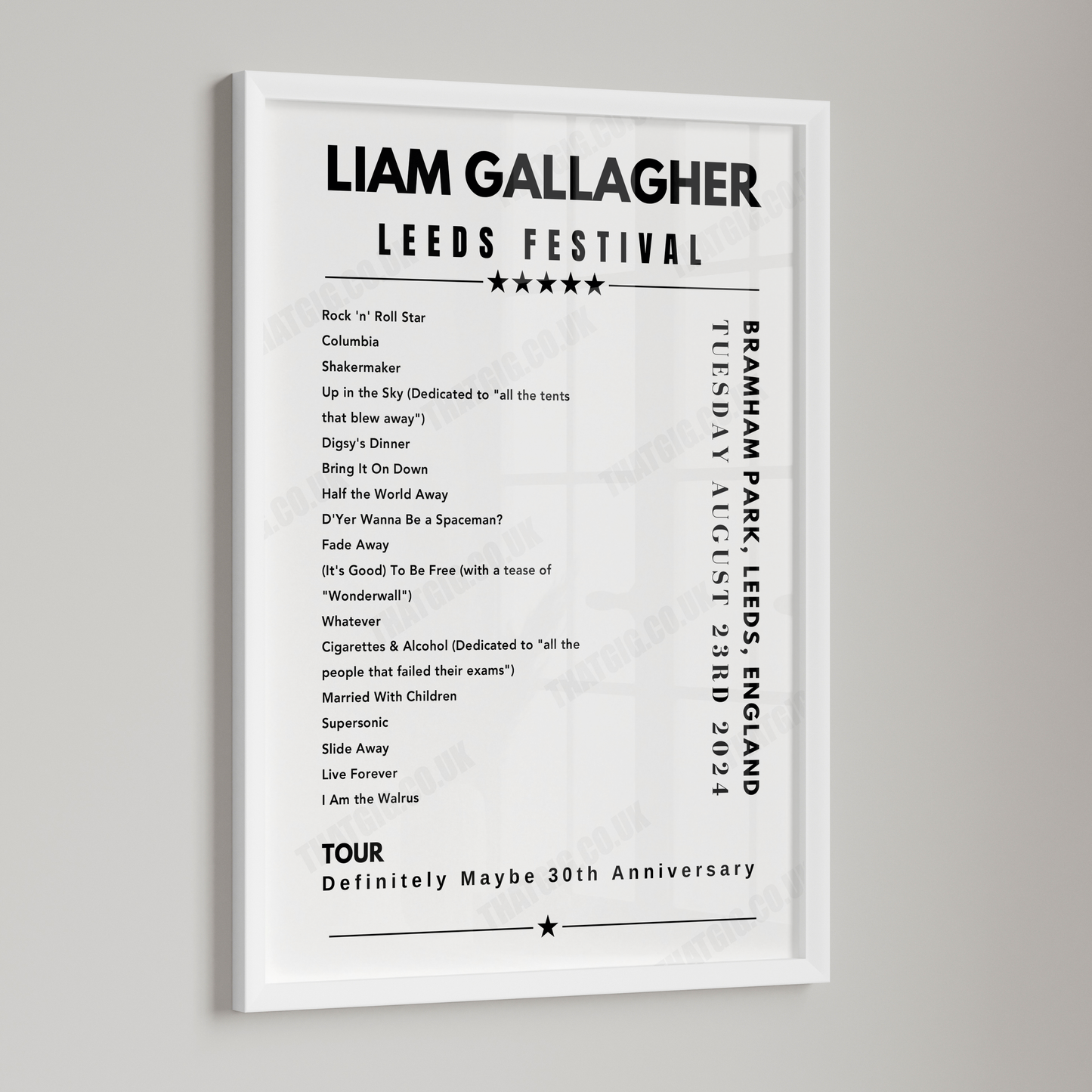 Liam Gallagher Setlist Poster - Leeds Festival on August 23rd, 2024