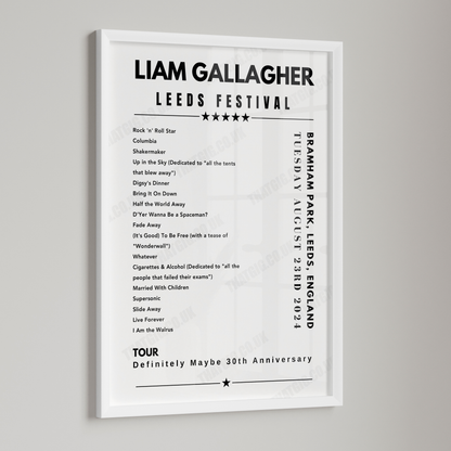 Liam Gallagher Setlist Poster - Leeds Festival on August 23rd, 2024