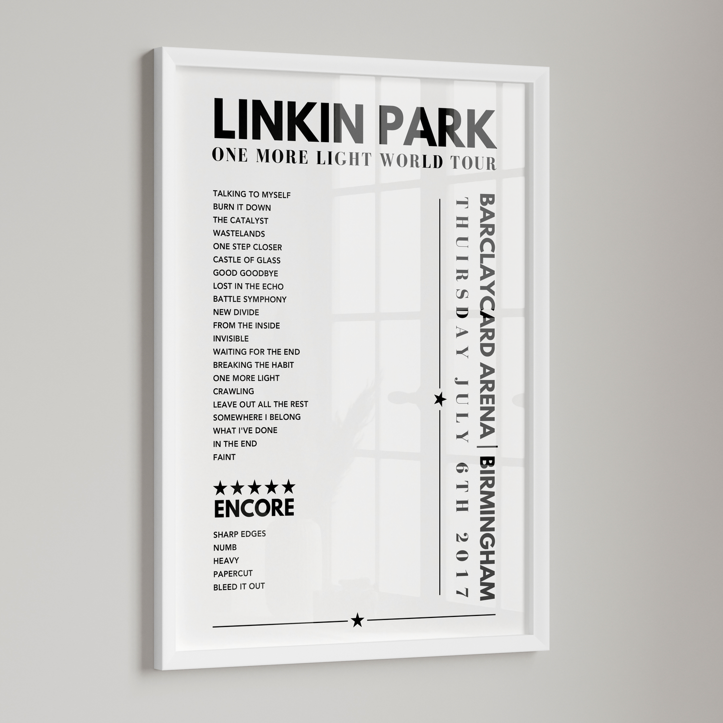 Linkin Park Setlist Poster - Barclaycard Arena, Birmingham on July 6th 2017