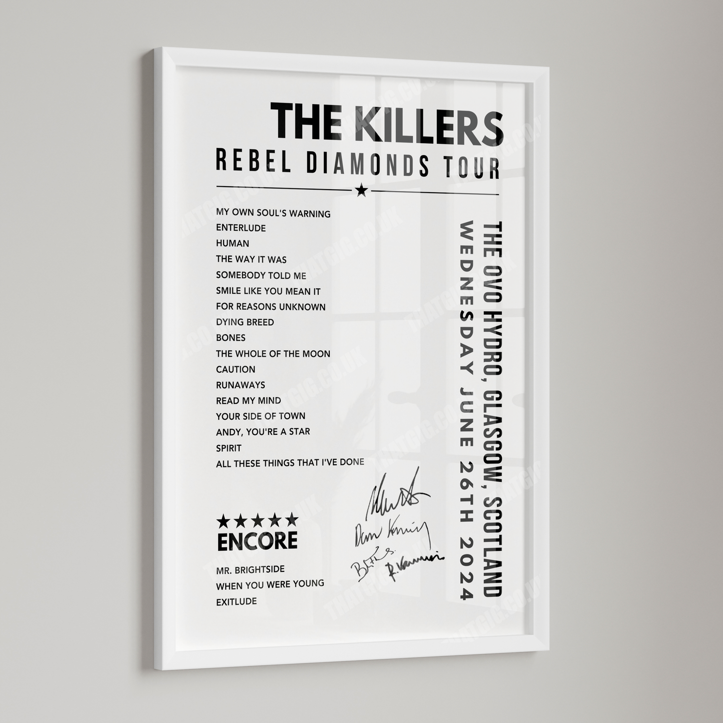 The Killers Setlist Poster - The OVO Hydro, Glasgow on June 26th, 2024