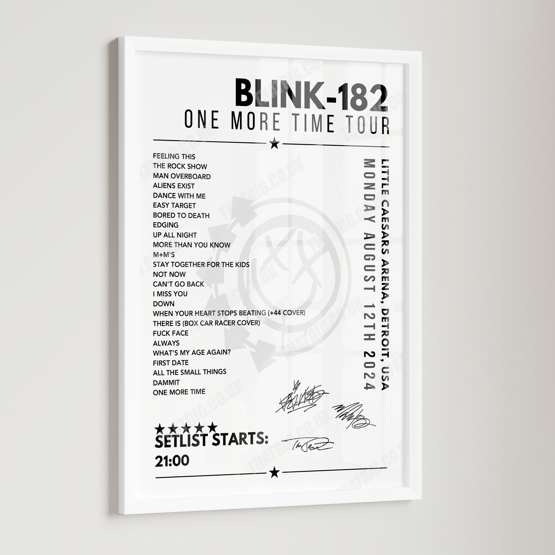 Blink-182 Setlist Poster - Little Caesars Arena, Detroit - August 12th 2024