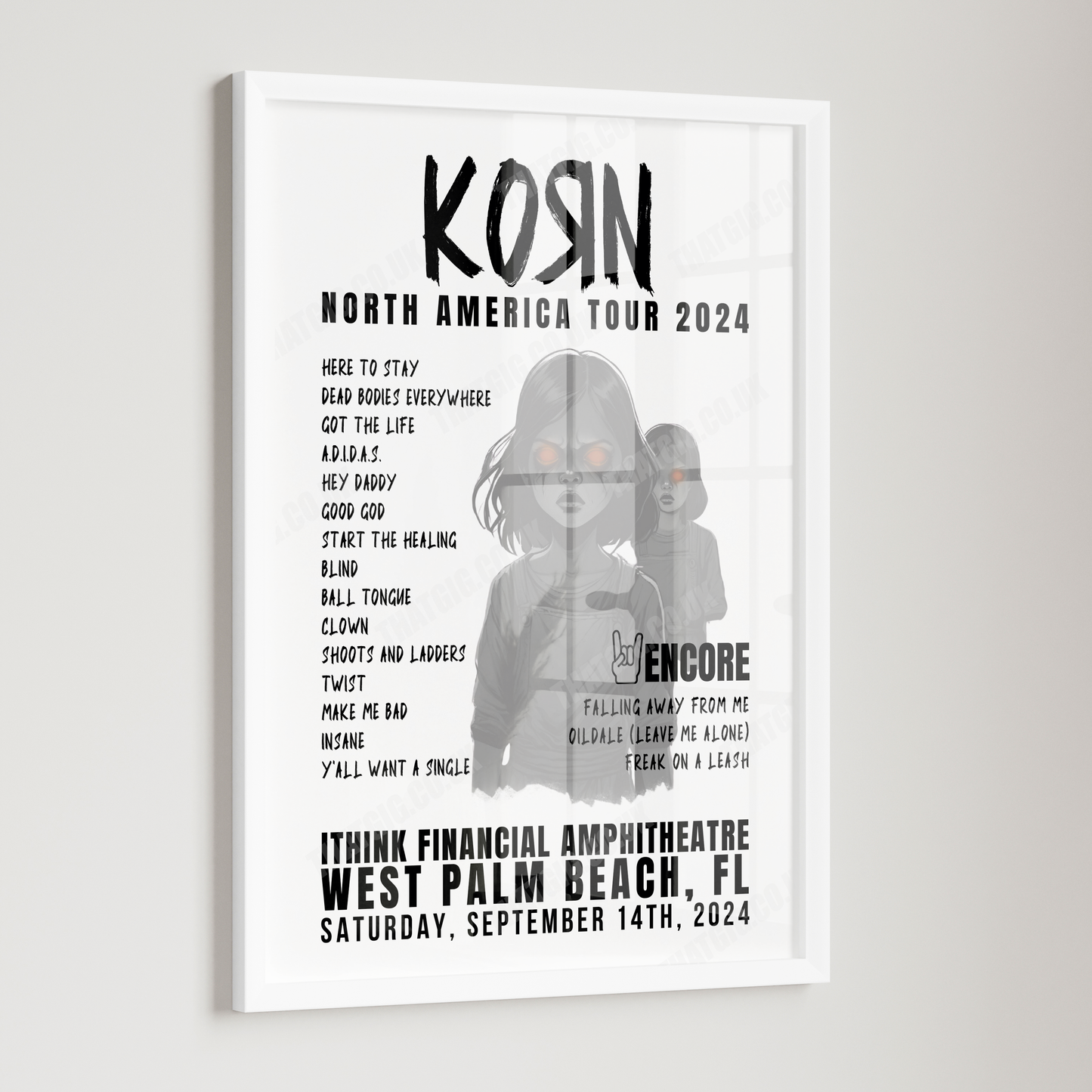 Korn Setlist Poster - iTHINK Financial Amphitheatre, West Palm Beach, September 14th, 2024