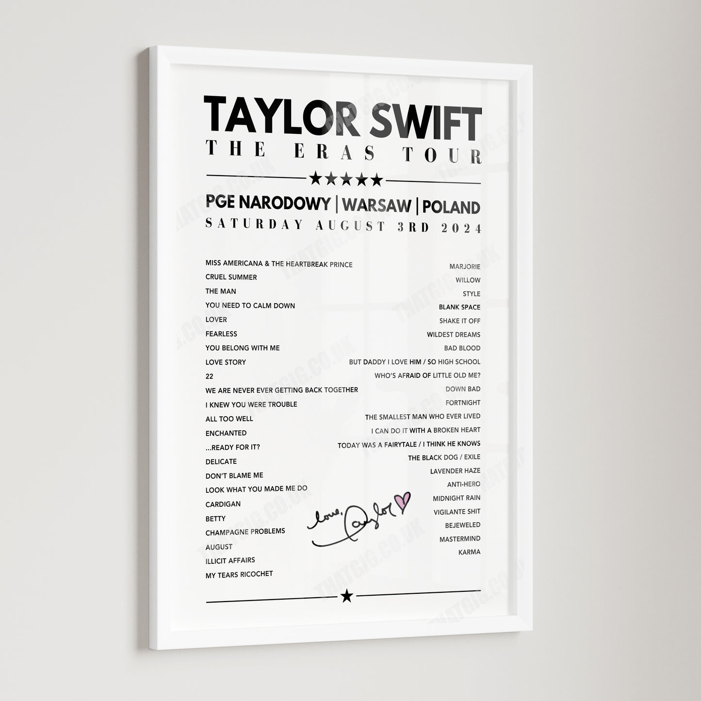 Taylor Swift Setlist Poster - PGE Narodowy, Warsaw, Poland, August 3rd, 2024