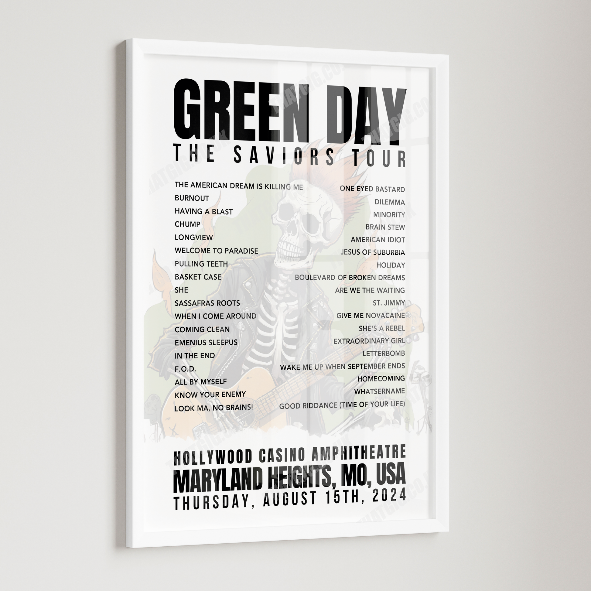 Green Day Setlist Poster - Hollywood Casino Amphitheatre, Maryland Heights, MO - August 15th, 2024