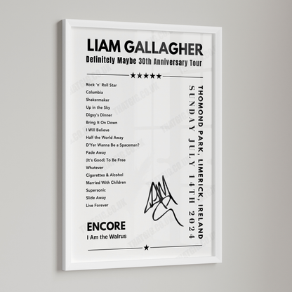 Liam Gallagher Setlist Poster - Thomond Park, Limerick on July 14th 2024