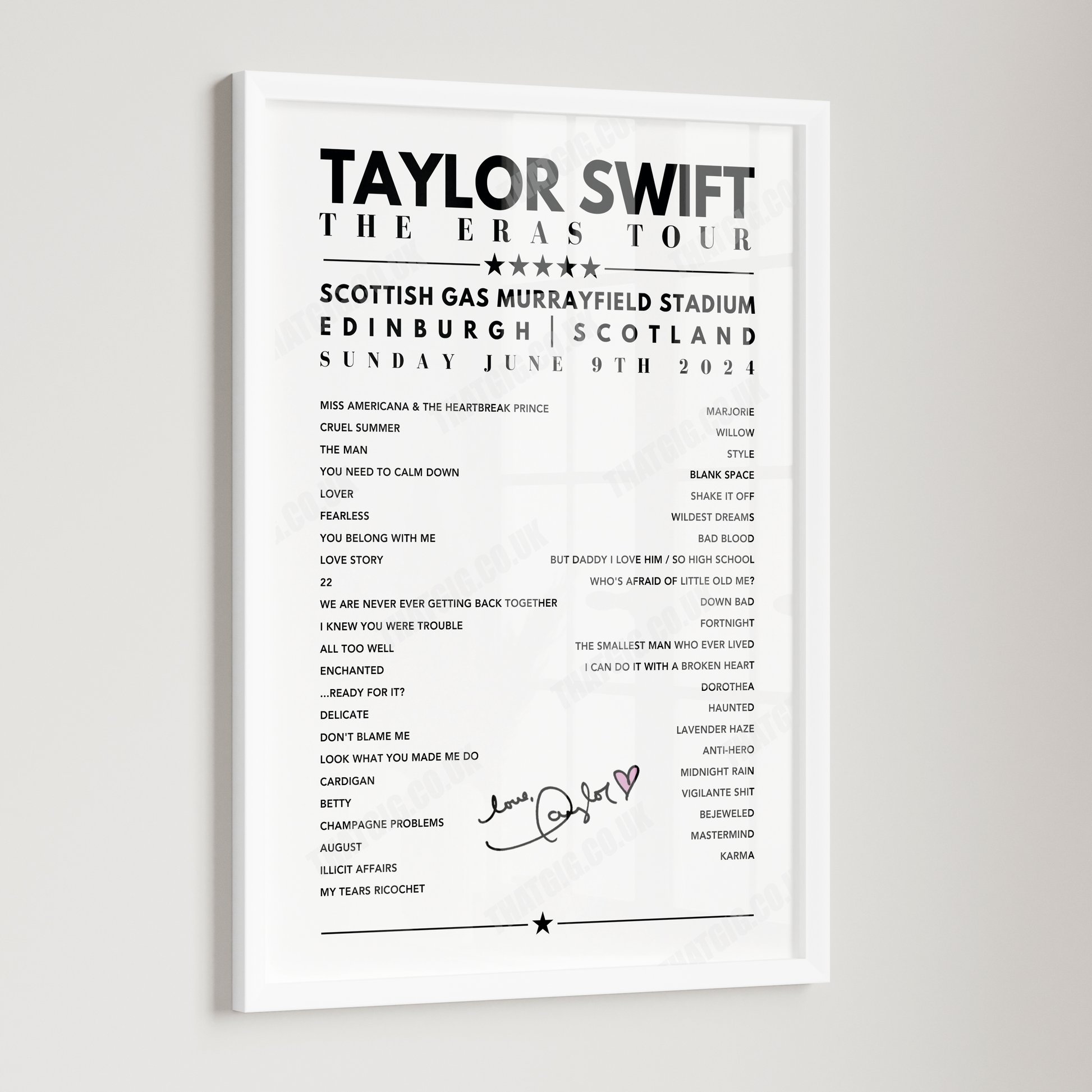 Taylor Swift Setlist Poster - Scottish Gas Murrayfield Stadium, Edinburgh - June 9th, 2024