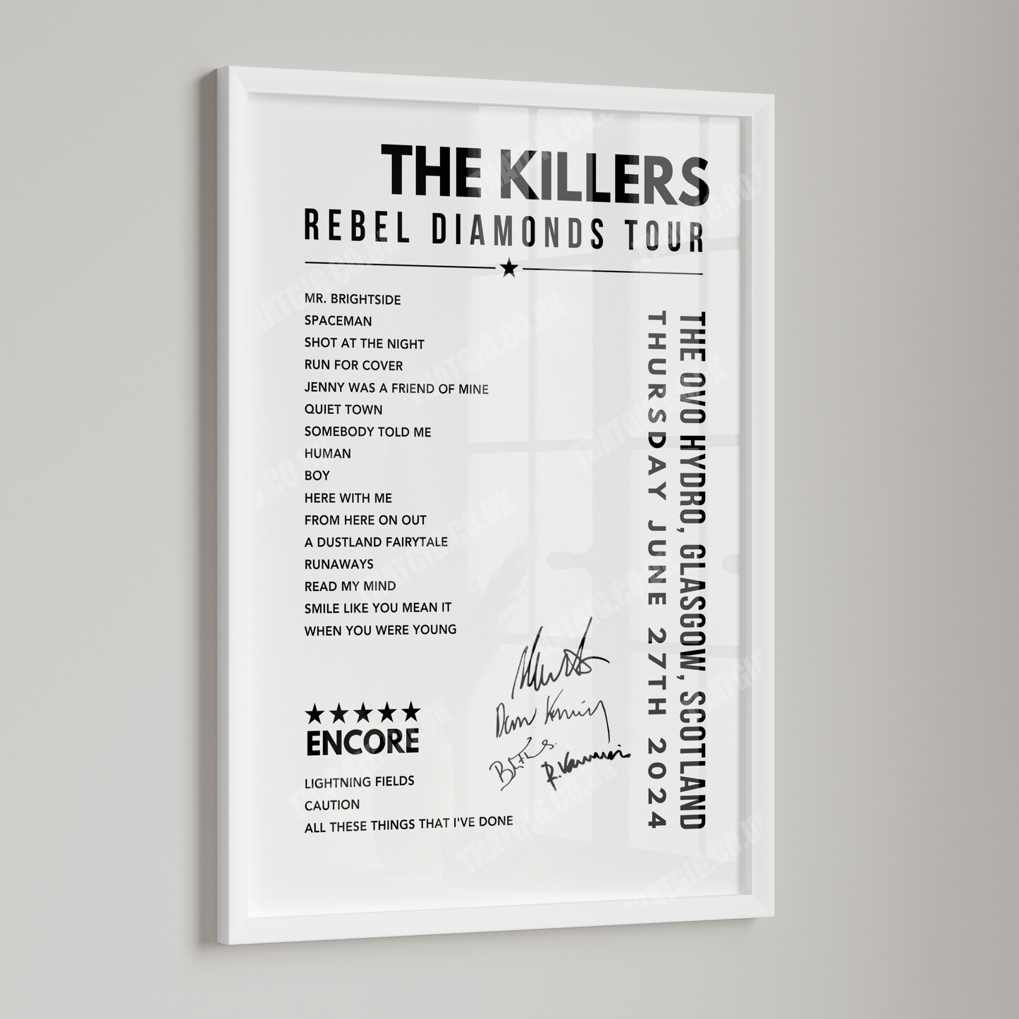 The Killers Setlist Poster - The OVO Hydro, Glasgow on June 27th, 2024