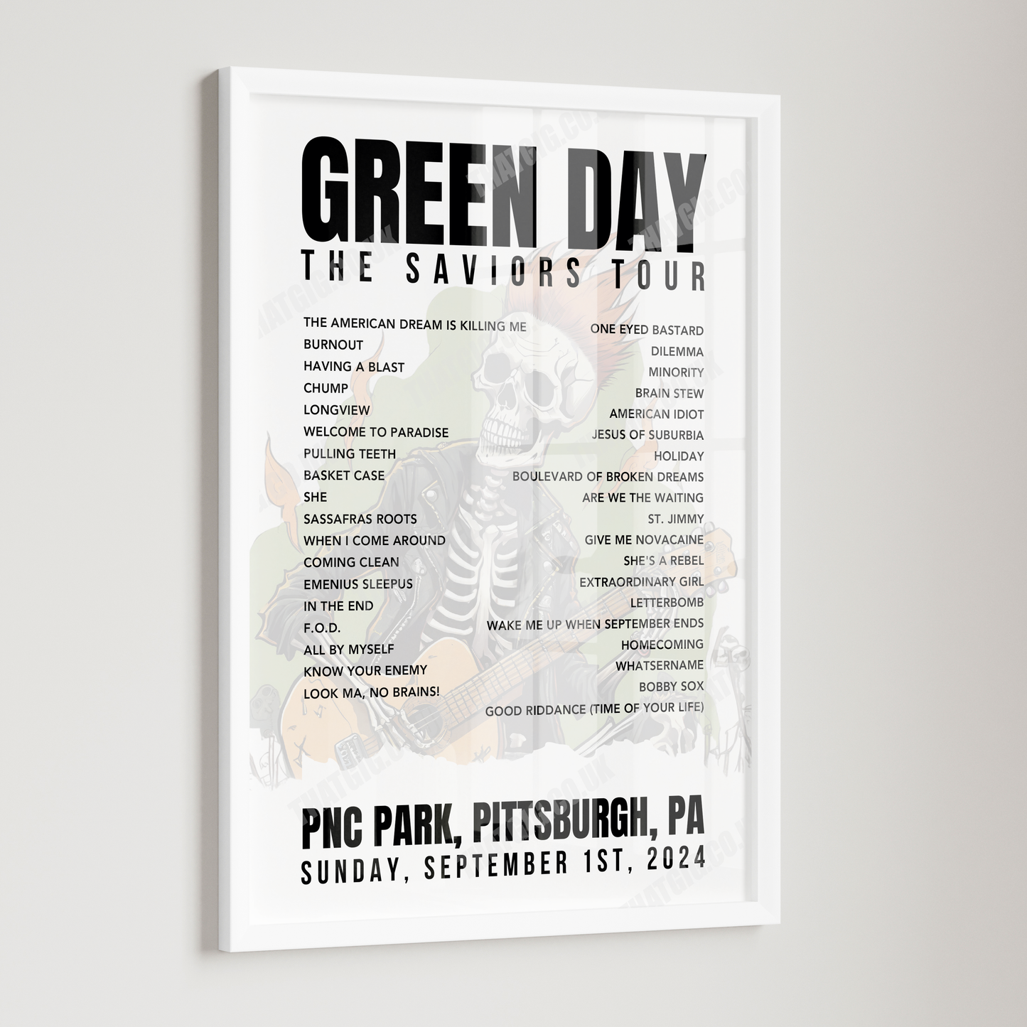 Green Day Setlist Poster - PNC Park, Pittsburgh, PA - September 1st, 2024