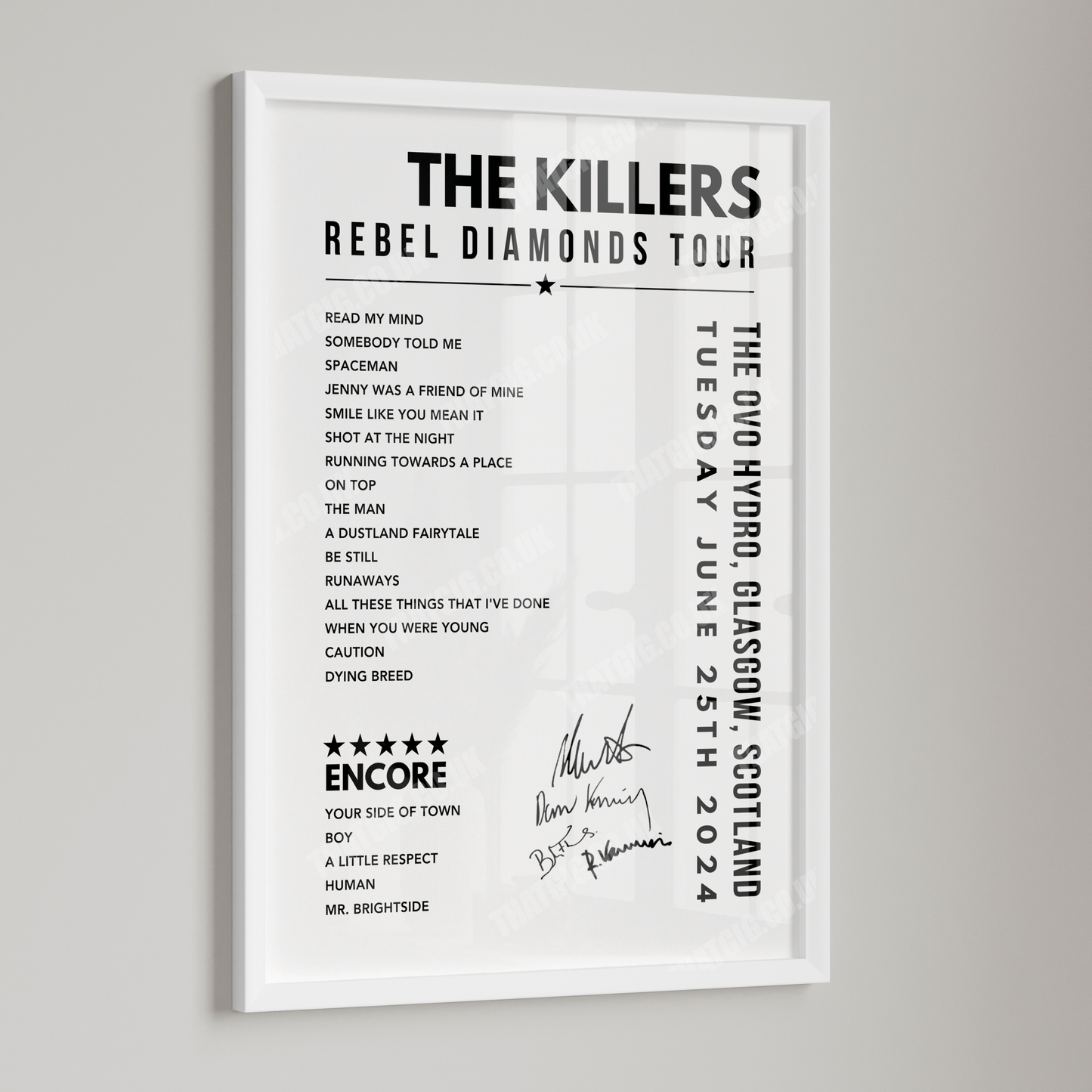 The Killers Setlist Poster - The OVO Hydro, Glasgow on June 25th, 2024