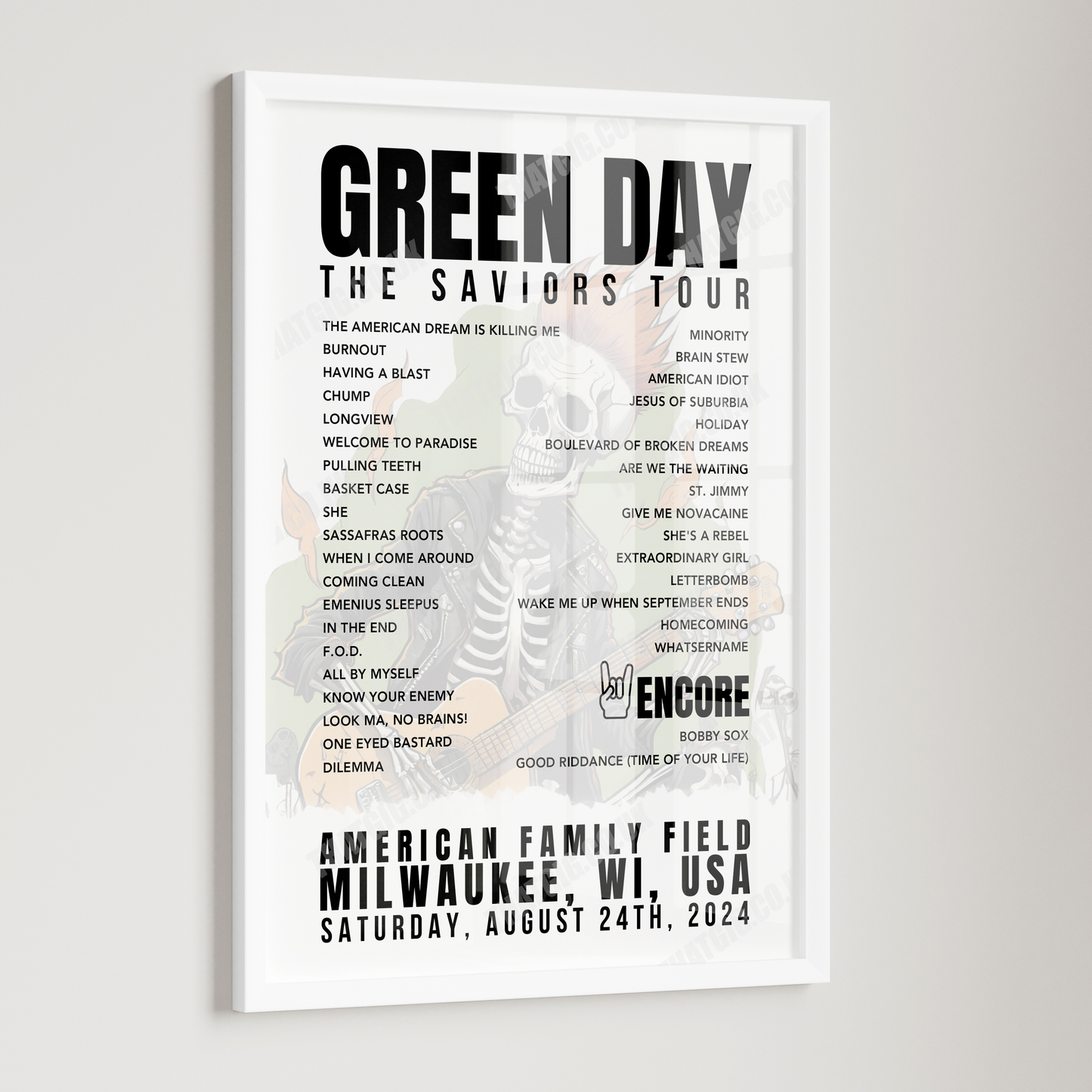 Green Day Setlist Poster - American Family Field, Milwaukee, WI - August 24th, 2024