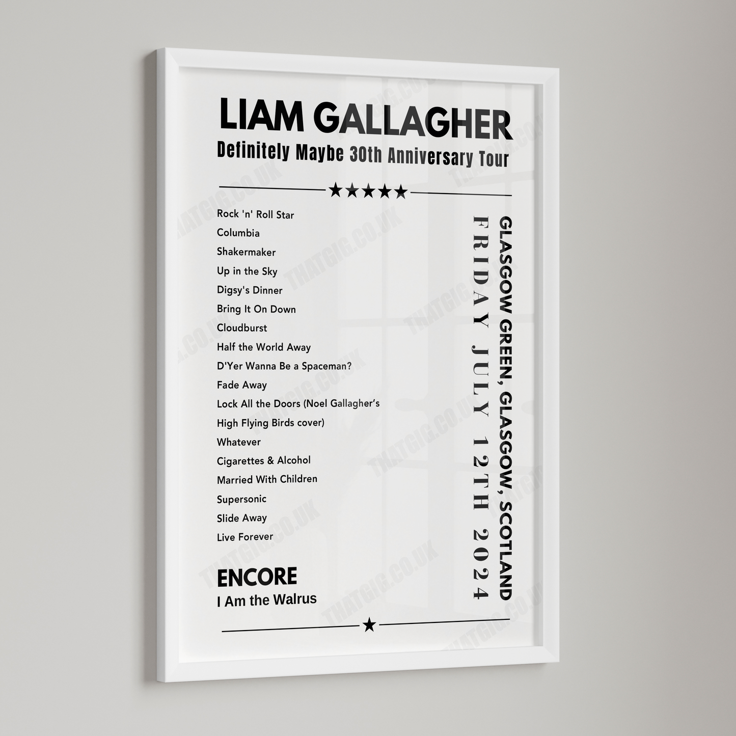 Liam Gallagher Setlist Poster - Glasgow Green, Scotland on July 12th 2024