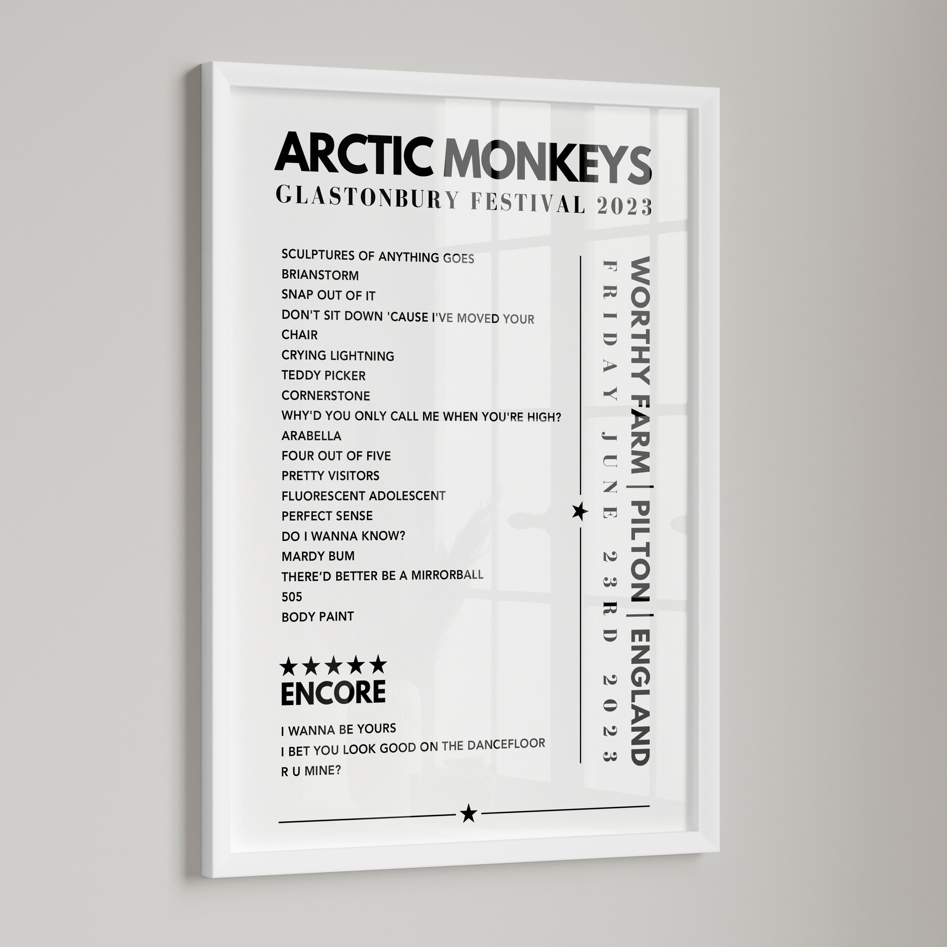 Arctic Monkeys Setlist Poster - at Glastonbury, Worthy Farm, England, on June 23rd, 2023