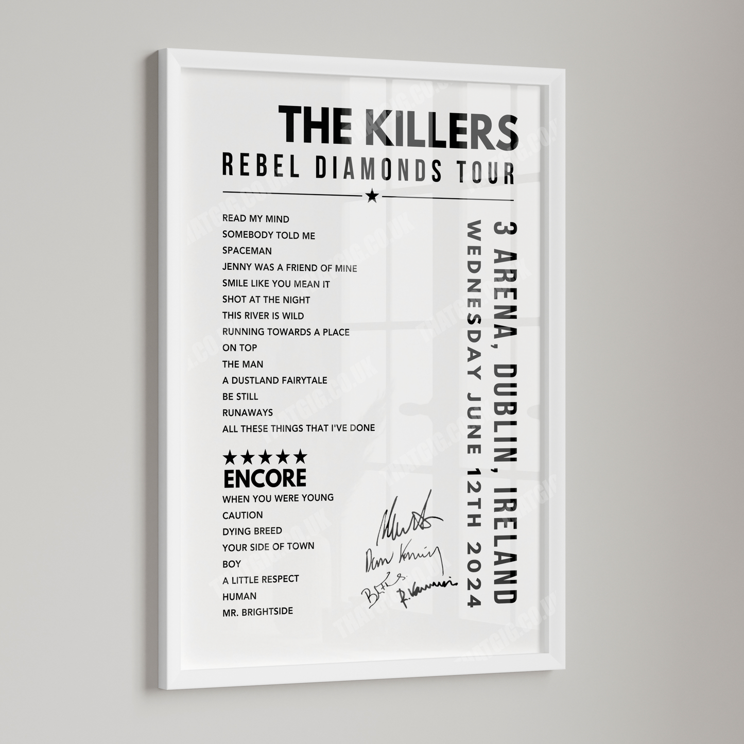 The Killers Setlist Poster - at the 3Arena, Dublin on June 12th, 2024