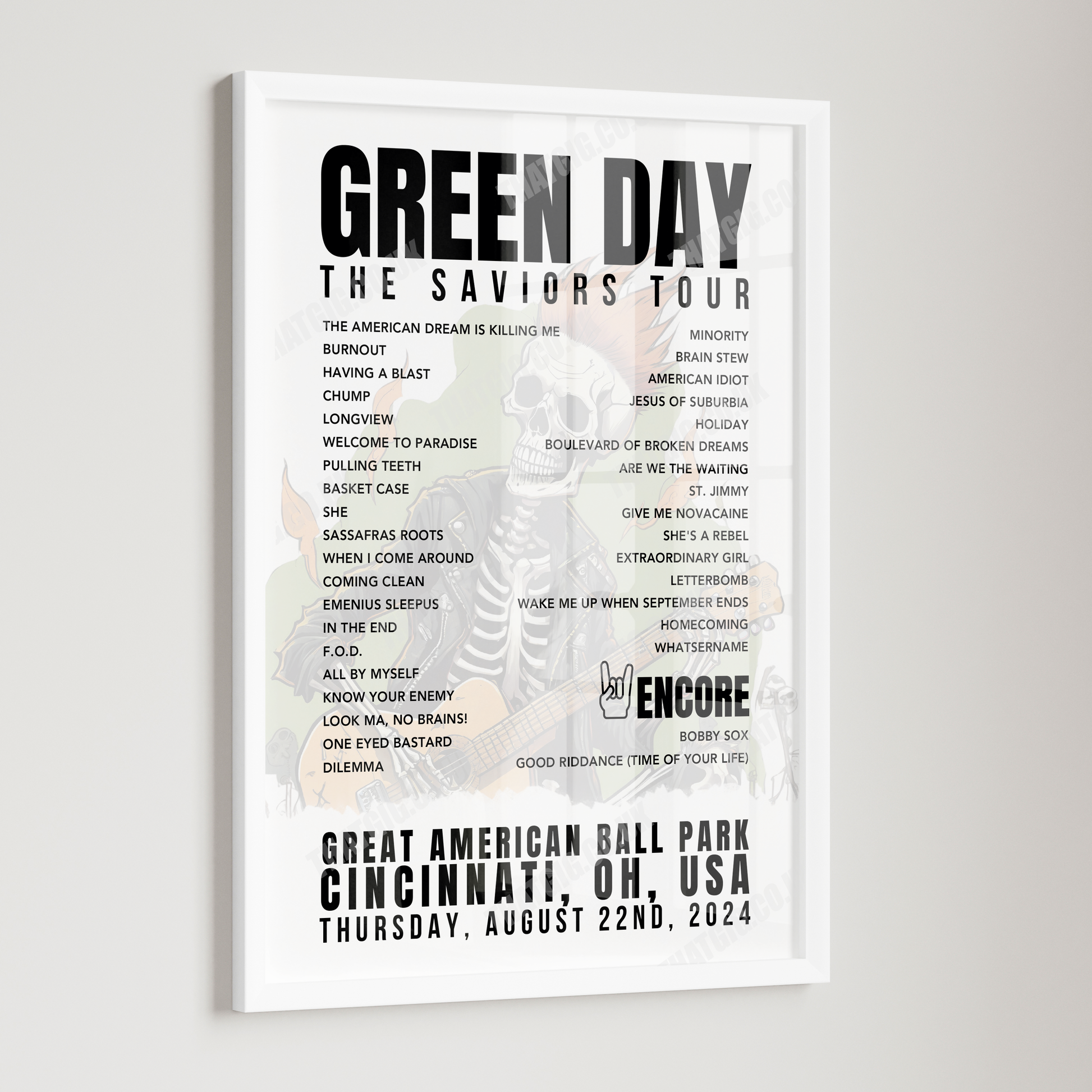 Green Day Setlist Poster - Great American Ball Park, Cincinnati, OH - August 22nd, 2024