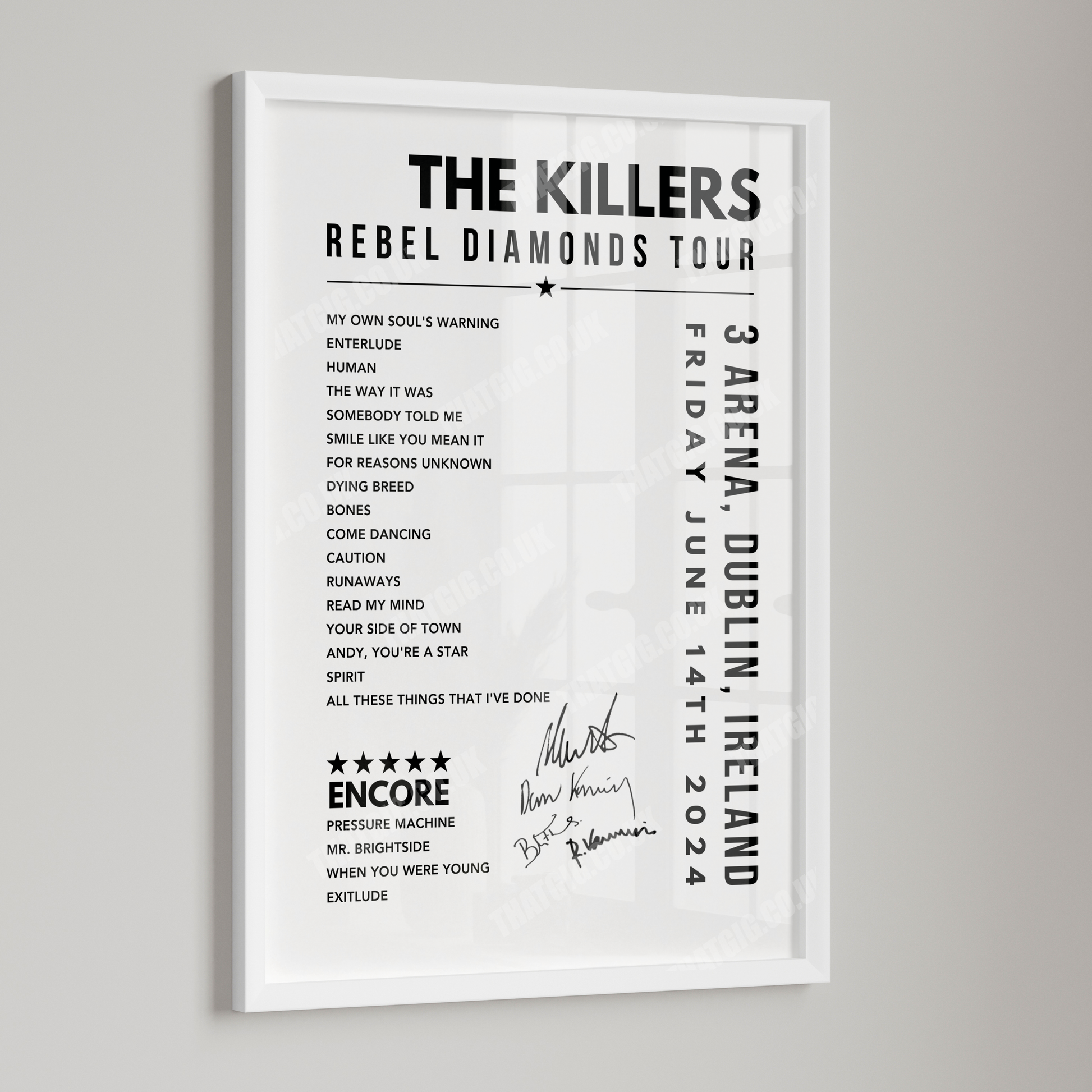 The Killers Setlist Poster - at the 3Arena, Dublin on June 14th, 2024