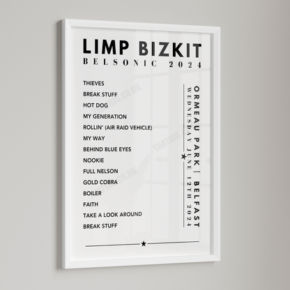 Limp Bizkit Setlist Poster - at the Orneau Park, Belfast on June 12th, 2024